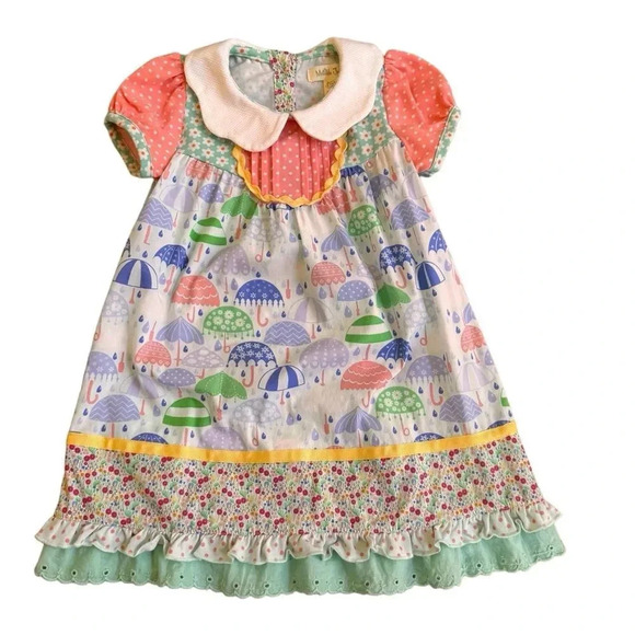 Matilda Jane Raindrops Dress Short Sleeve Collar Colorful Floral Umbrella 18-24 - Picture 1 of 10